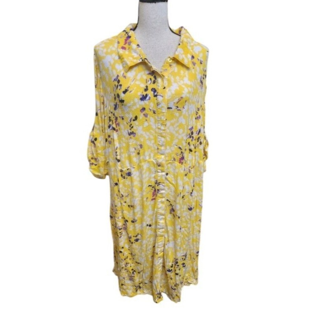 Woman Within Plus Size 24W Roll-Tab Sleeve Crinkle Shirtdress Rayon Flowy Yellow